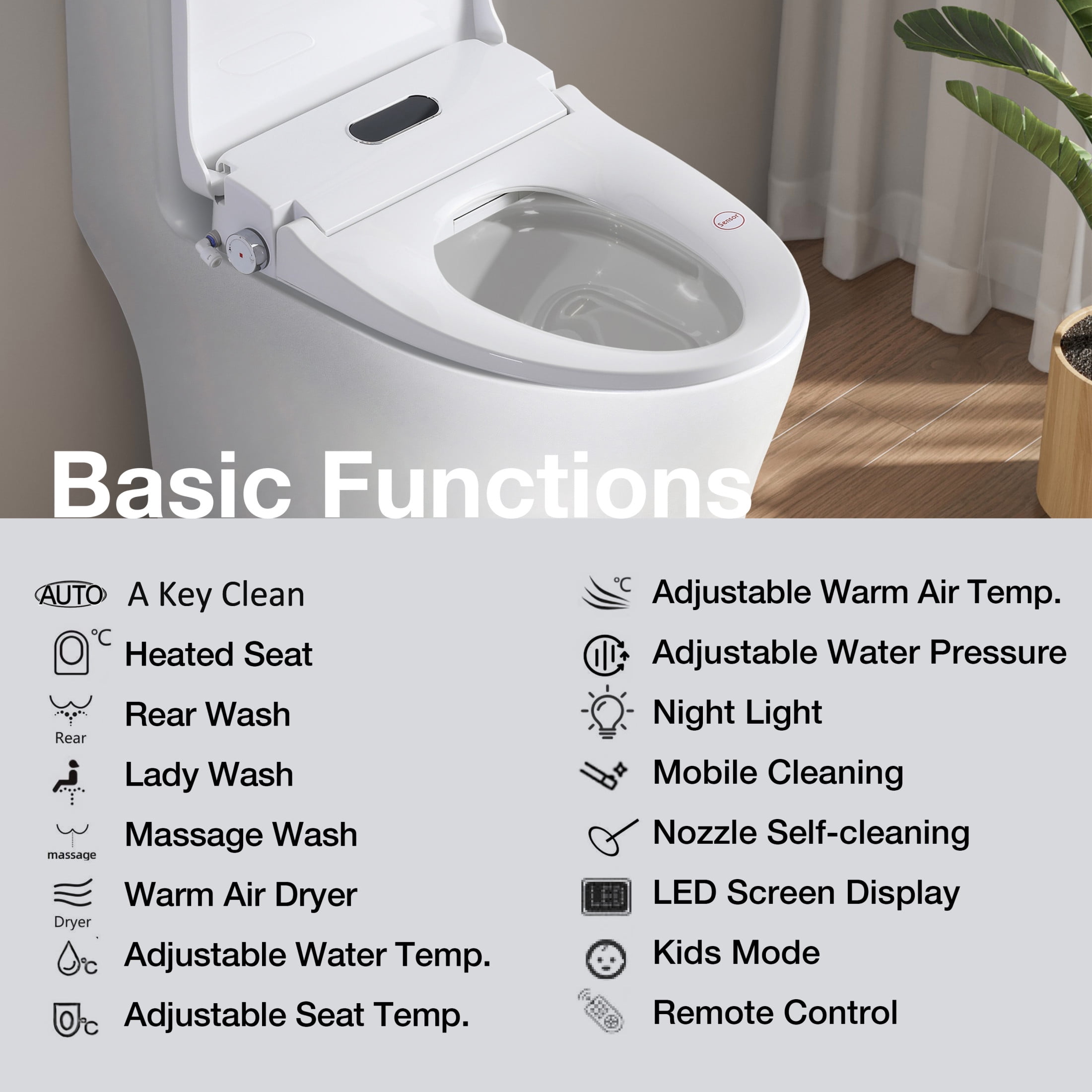 Noble House Smart Bidet Toilet Seat, Side Knob Adjustable Heated with Instant Warm Water and Cleaning Nozzle, White