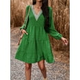 thumbnail image 2 of ZAXARRA Robe d'Été Rétro Imprimé Manches Longues V-Cou Taille Haute Mini-Robe avec Poches, 2 of 4