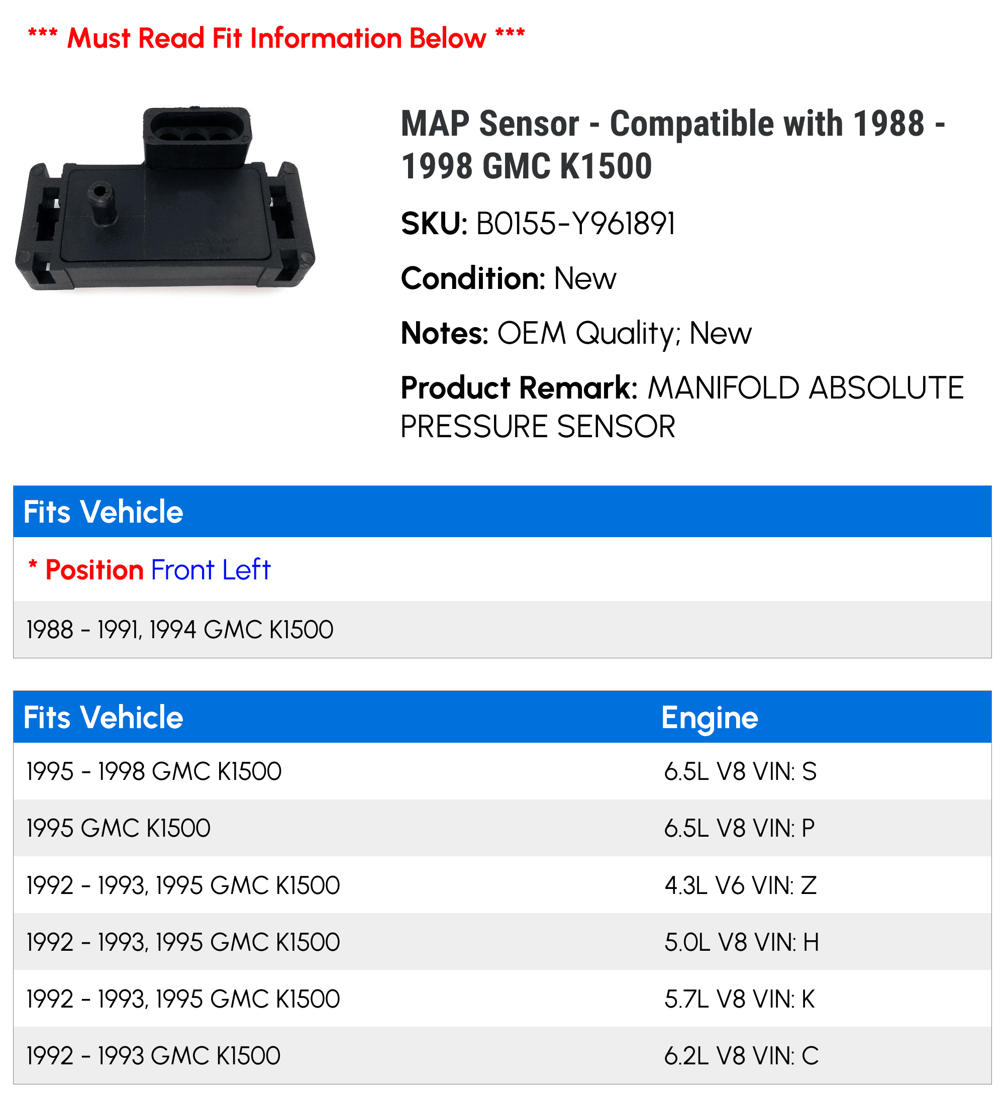 MAP Sensor - Compatible with 1988 - 1998 GMC K1500 1989 1990 1991 1992 1993 1994 1995 1996 1997