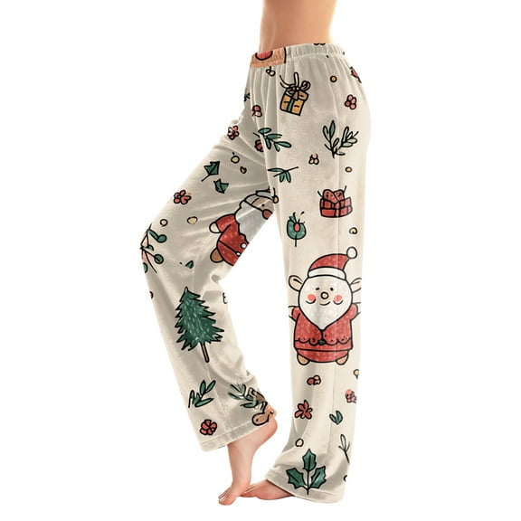 WTOBBY Women's Holiday Print Flannel Pajama Pants, Fashionable Christmas-Themed Sleepwear with Comfortable Fit, Merry Christmas Design for Women,Beige L