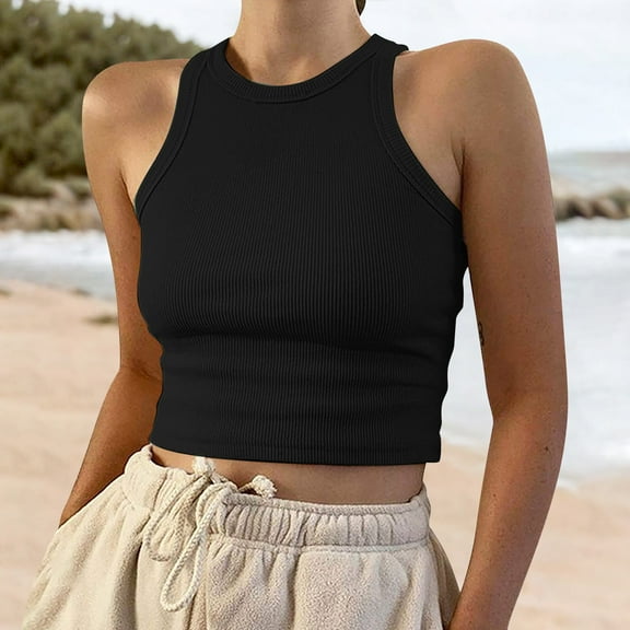 Womens Summer Tops Sleeveless Color Tops Solid Women's Tank Short Round Neck Vest Women's Blouse Shirts for Women