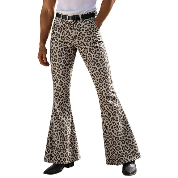 CUSTG Men Leisure Trousers Leopard Print Bootcut Flare Denim Jeans Mid Rise Button Zip Waist Pocket Vintage Streetwear Everyday Travel Outdoor Adventures Trousers