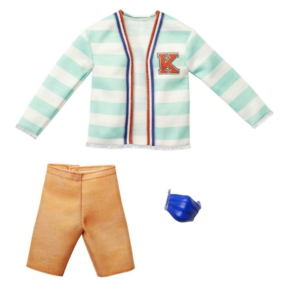 Barbie Fashions Pack: Ken Doll Clothes with Striped Sweater with a "K" for Ken, Long Khaki Shorts & Mask, 3 to 8 Years Old