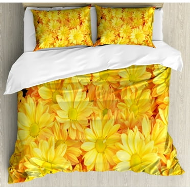 Yellow Flower Queen Size Duvet Cover Set, Lively Daisies Fresh Bouquets with Natural Seasonal Bedding Plant Petals, Decorative 3 Piece Bedding Set with 2 Pillow Shams, Yellow Marigold, by Ambesonne
