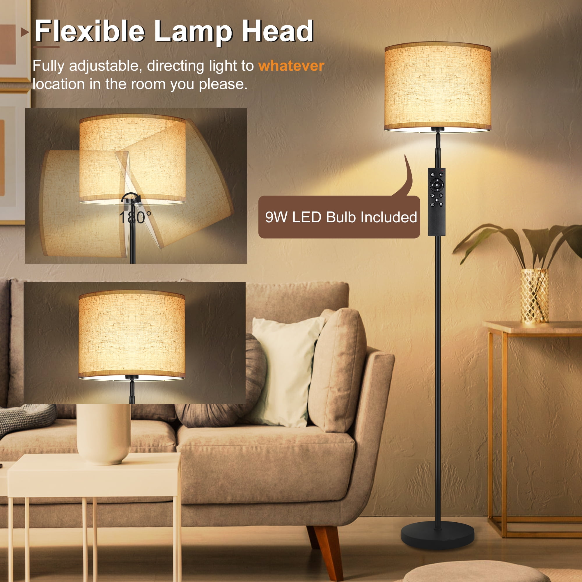 OUTON Modern Floor Lamps for Living Room, 63" Standing Lamp with Linen Shade, Tall Pole Lamps for Bedroom, Office,Black,Bulb Included