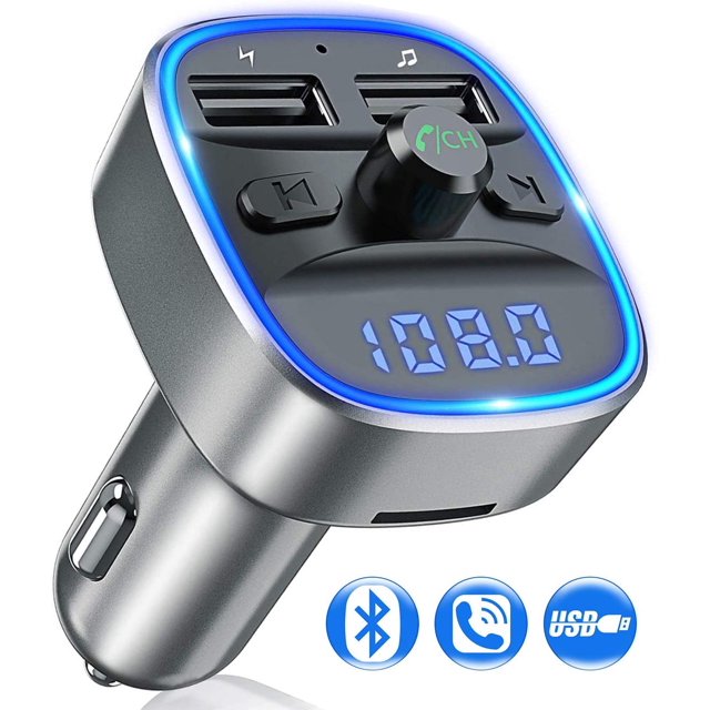 Transmisor FM Bluetooth, adaptador de radio para coche con micrófono y 2 cargadores USB, pantalla LED, kit manos libres para coche