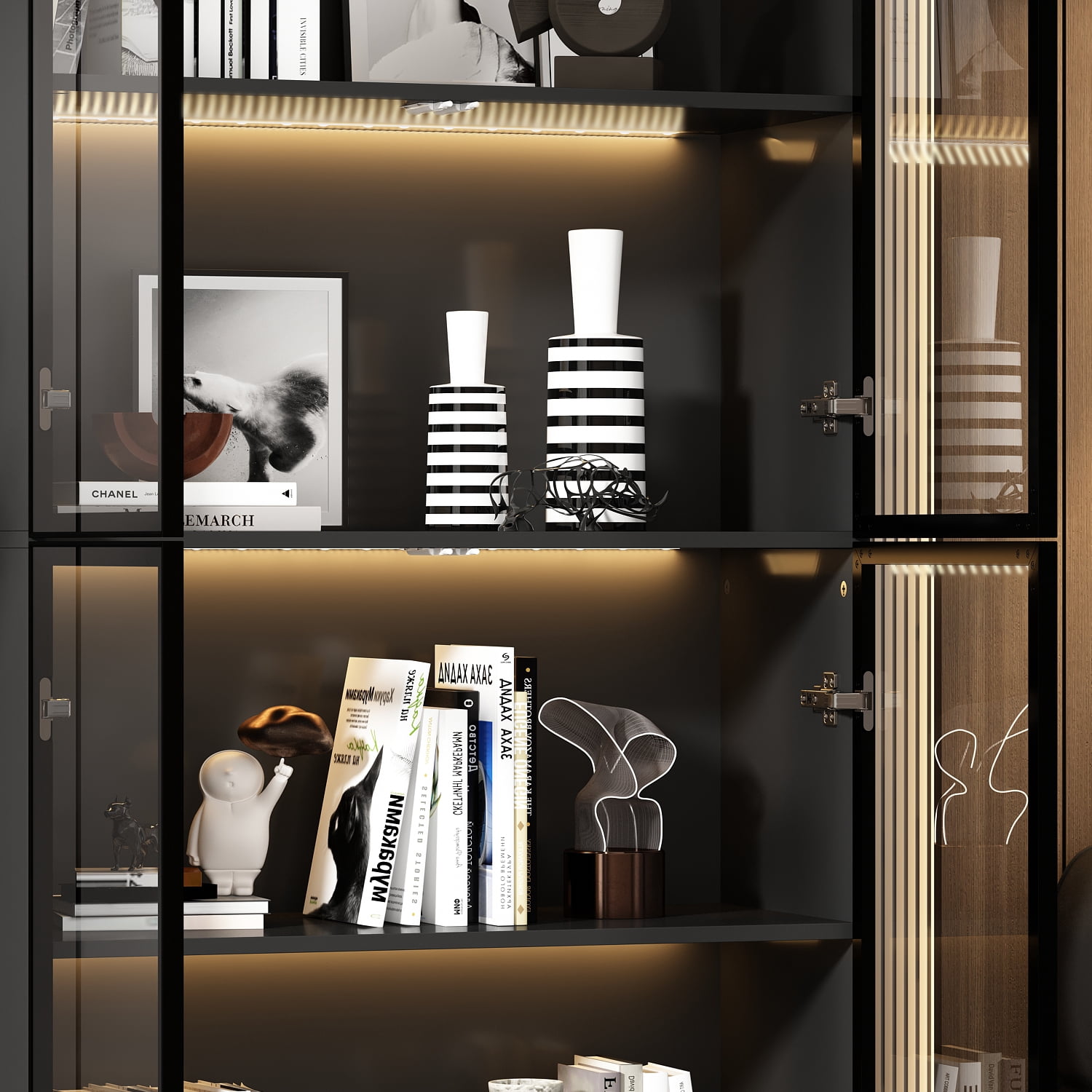 KULAGAGA Bookcases Organizer with LED Lights, Heavy Duty Display Cabinet with Glass Door for Living Room, 31.5" Wide