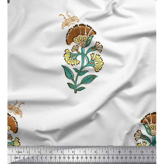 Soimoi Brown Cotton Duck Fabric Insect,Leaves & Floral Block Printed Fabric 1 Yard 42 Inch Wide