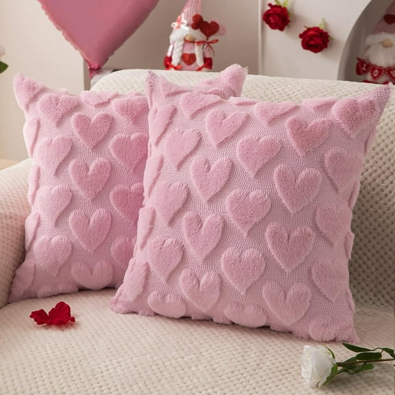 2PCS Valentine's Day Pillowcases 18x18 Inch Valentine's Decor Pink Hearts Soft Plush Faux Fur Jacquard Pillowcases for Bedroom Sofa Holiday Celebration Home Decor (Pink)
