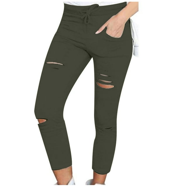 Yuyuzo Plus Size Leggings for Women High Waisted Drawstring Cutout Ripped Hole Slim Tight Solid Color Pants