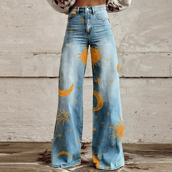 AGWOLF Womens Plus Size Jeans Casual Wide Leg Print Domin Pants High Waist Flare Streetwear Trousers