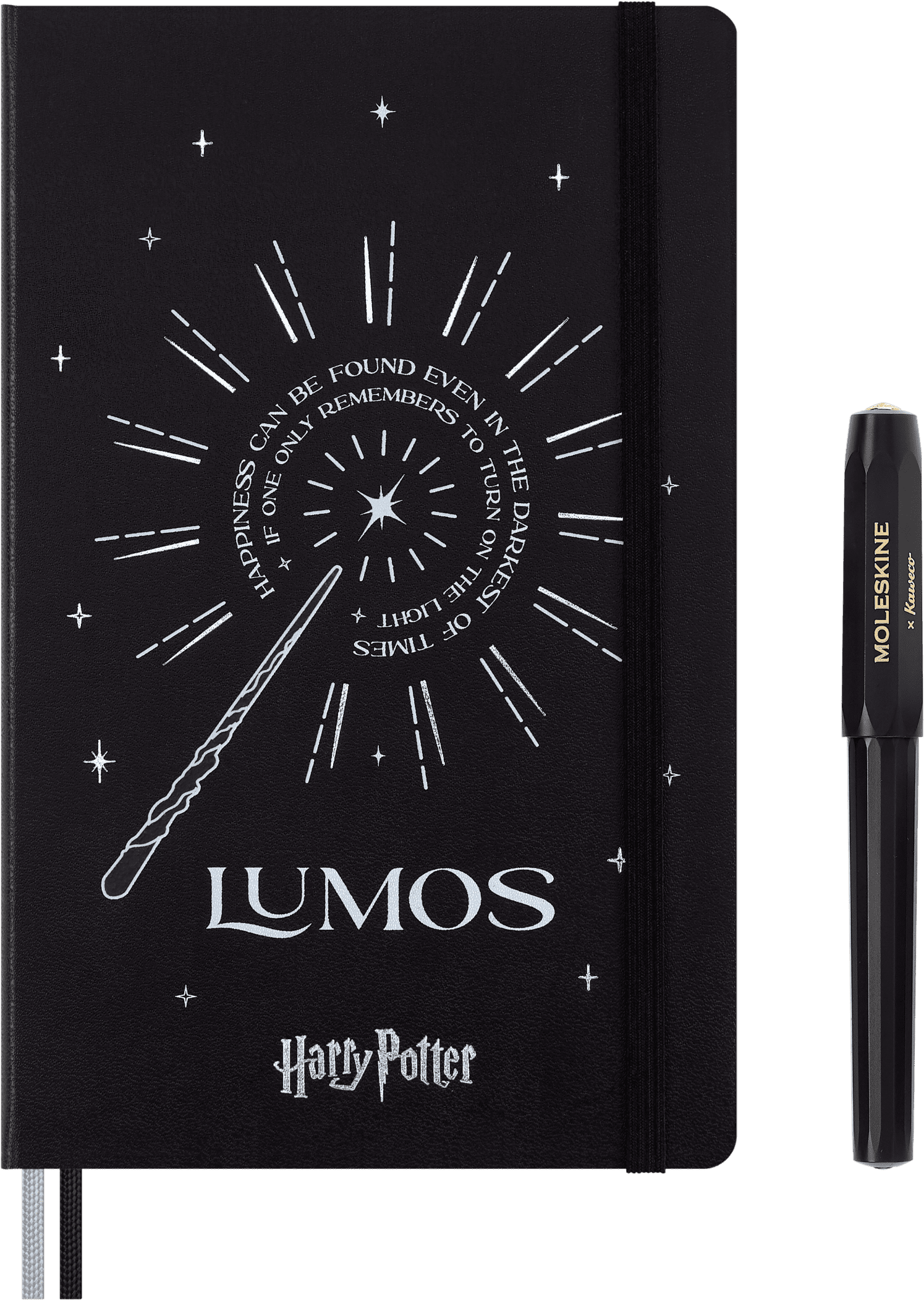 Moleskine Limited Edition Harry Potter Lumos spell Notebook with glow in the dark special-effect and Kaweco Roller Pen with Gift Box, Hard Cover, Ruled, Large (5" x 8.25"), Black, 176 Pages