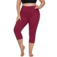 thumbnail image 2 of FlorCurve Plus Size Capri Leggings for Women with Pockets High-Waist Tummy Control Yoga Pants Stretch Workout Leggings, Burgundy 4XL, 2 of 6