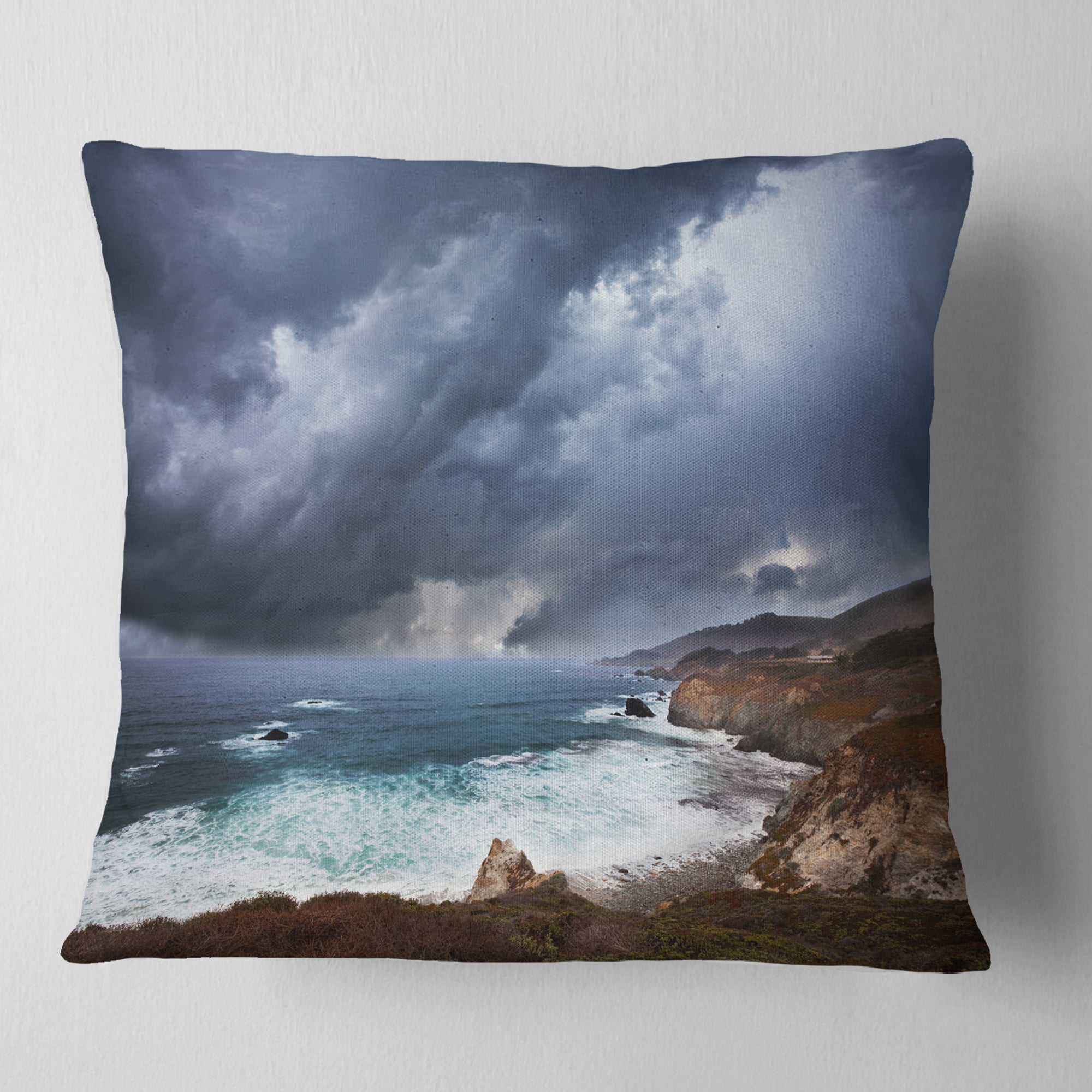 Designart Heavy Blue Clouds and Waves - Modern Beach Throw Pillow - 18x18