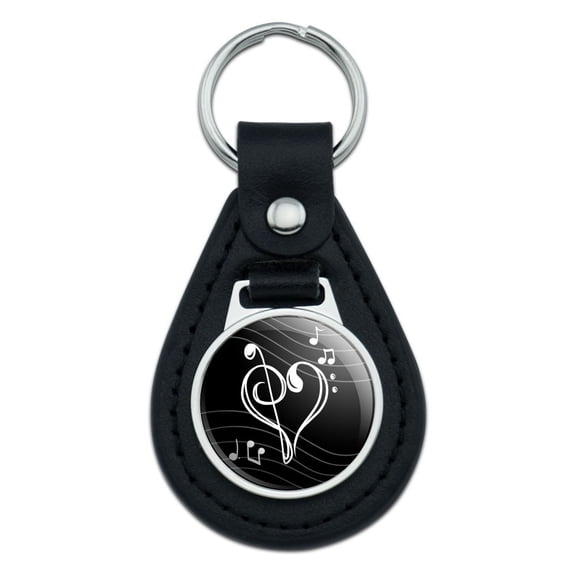 Treble Bass Clef Heart Music Black Black Leather Keychain