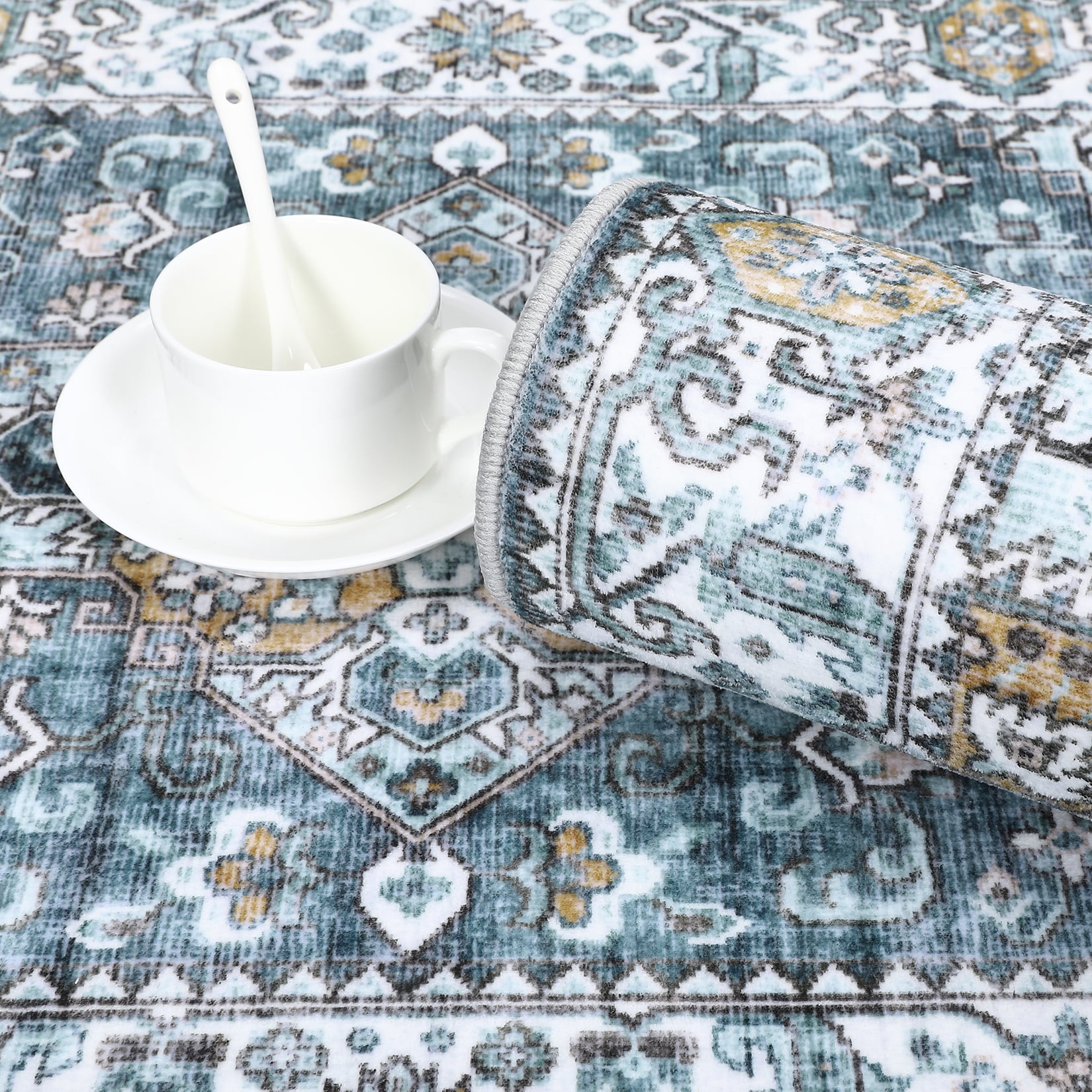 HOMERRY Modern Vintage Floral Washable 2' x 6' Runner Rug Non-Skid Low Pile Blue Boho Kitchen Doormat