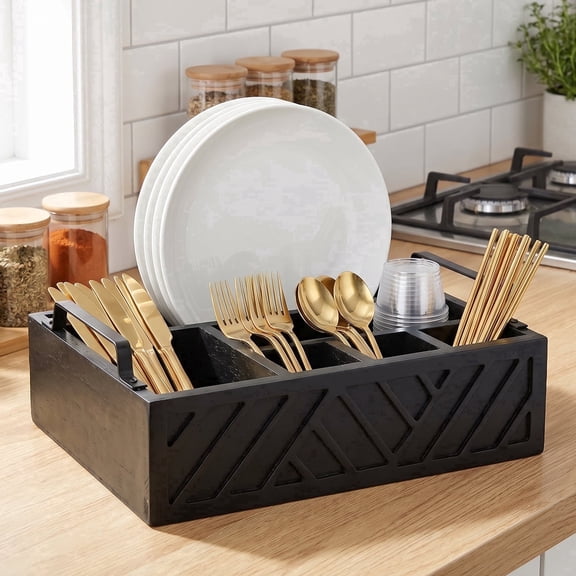 Lzvxtym Paper Plate Utensil Caddy Holder,6 Compartments Wood Plate Dispenser with Handles for Napkin Party BBQ Kitchen,11.8 x 7.9 x 2.8 inches