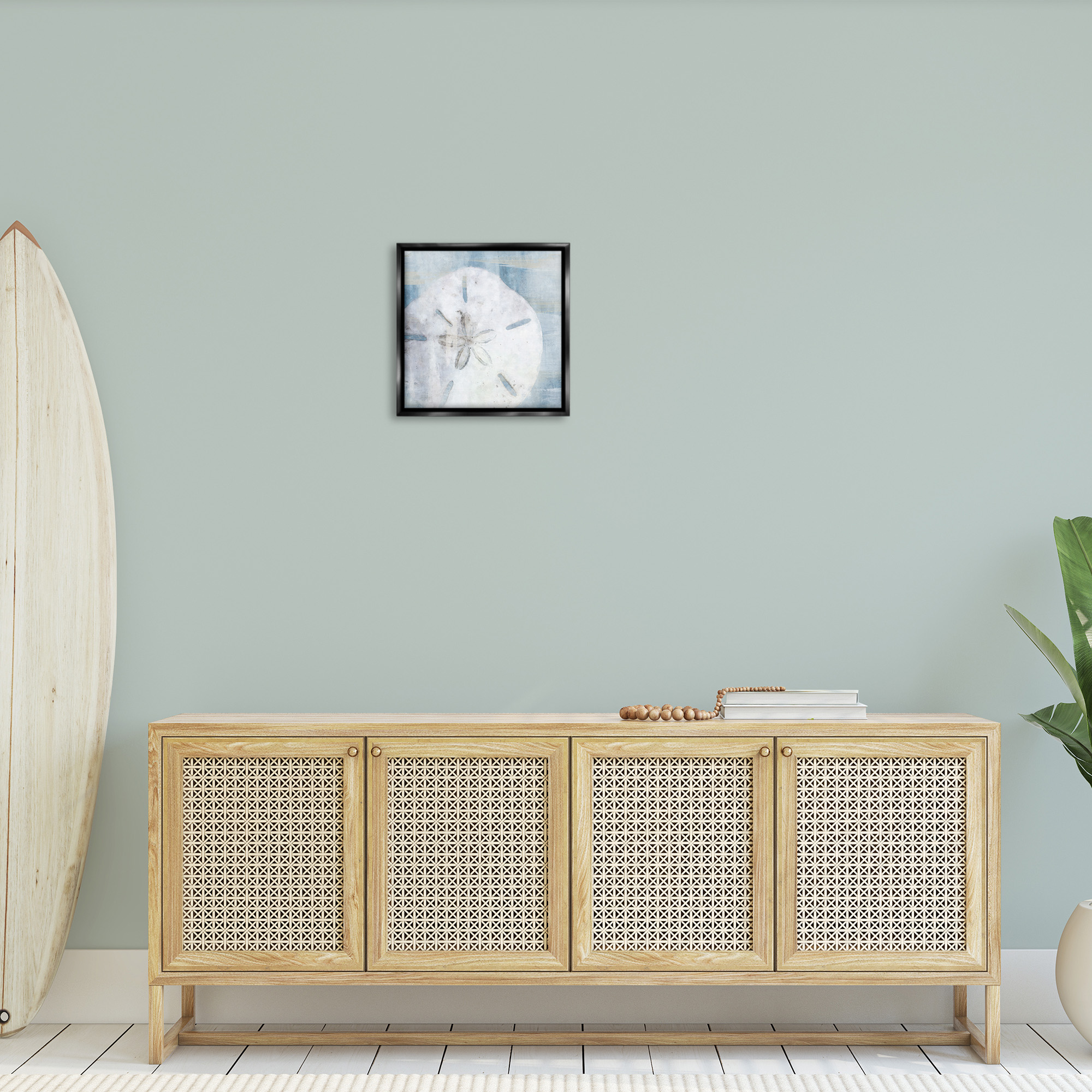 Stupell Industries Pastel Blue Sand Dollar Seashell Nature Painting Black Floater Framed Canvas Art Print Wall Art, 18 x 18