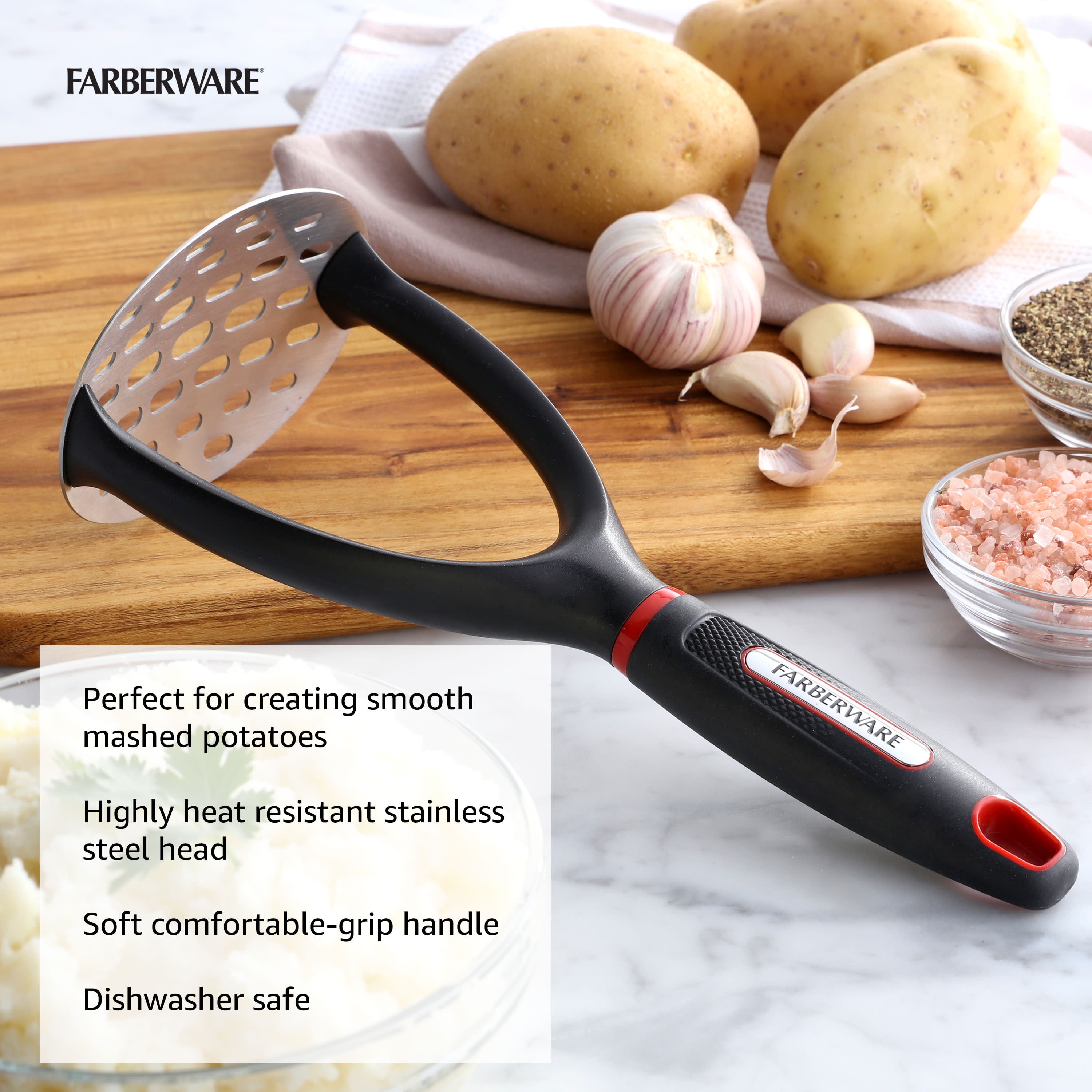 Farberware Professional Heavy Duty Stainless Steel Curved Head Potato  Masher Tool, Kitchen Essential, Potato Smasher with Ergonomic Stainless  Steel