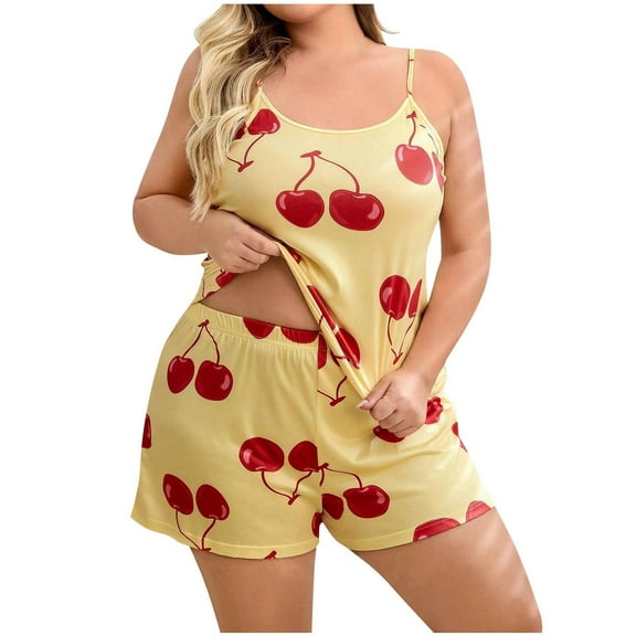 FAHXNVB Women's Plus Size Pajamas Sets 2 Piece Cherry Print Cami Top and Shorts Summer Lightweight Baggy Soft Loungewear PJ Set