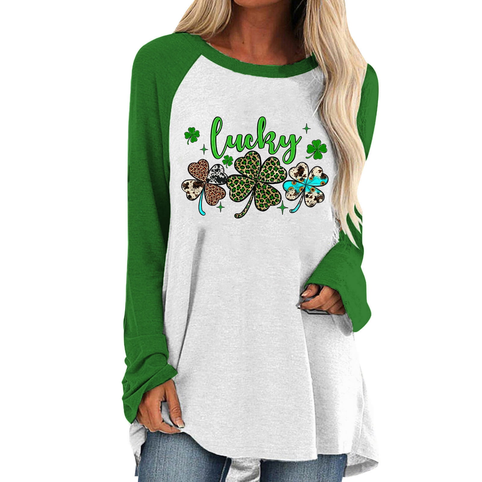 St Patricks Day 2023 Tops for Women Long Sleeve Round Neck Lucky