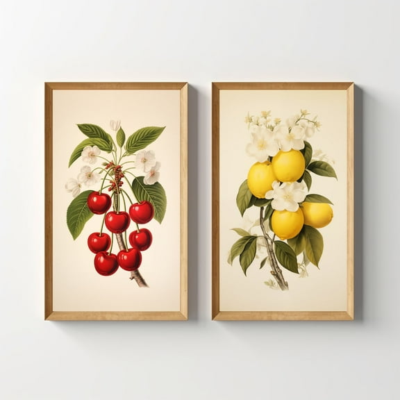 Luvia Vintage Fruit Set Lemon Cherry Bundle, Retro Kitchen Artwork, Botanical Cherries Art Cottagecore Cabin Decor, Modern Wall Decor Set 2 Prints 8x12 UNFRAMED