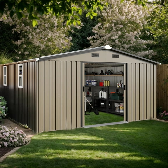 Villeston 10FT x 12FT Outdoor Metal Storage Shed,Tool Shed Storage House with Lockable Door for Garden, Backyard, Patio Brown