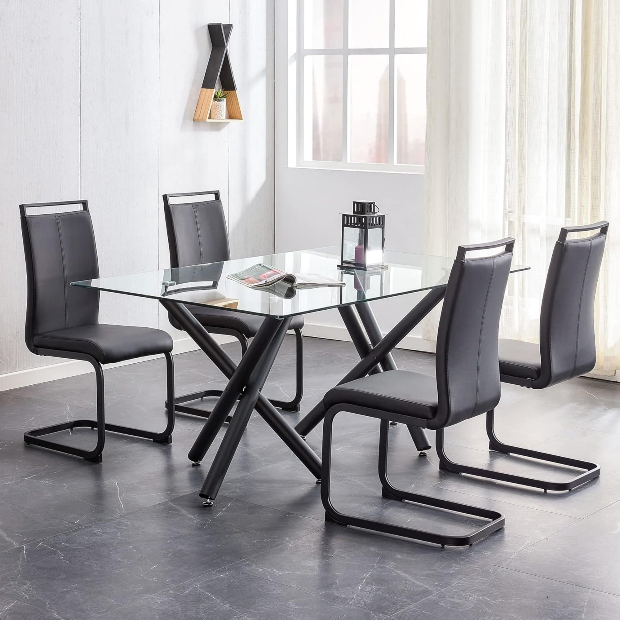 TesNus Modern Dining Set of 4, Side Chairs With Black Frame, Faux Leather Padded Seat High Back for Kitchen, Dining Room, Living Room - Black