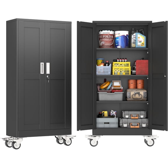 Metal Storage Cabinet with Wheels,Tall Rolling Garage Storage Cabinet with 2 Doors and 3 Adjustable Shelves - 61" Steel Lockable File Cabinet,Locking Tool Cabinets for Garage,Office,Gym,School(Black)