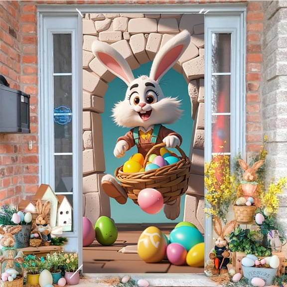 Wooowa Easter Festive Hanging Cloth Flag Door Cover Durable Fabric Indoor Outdoor Party Door Curtain Easter Holiday Decor