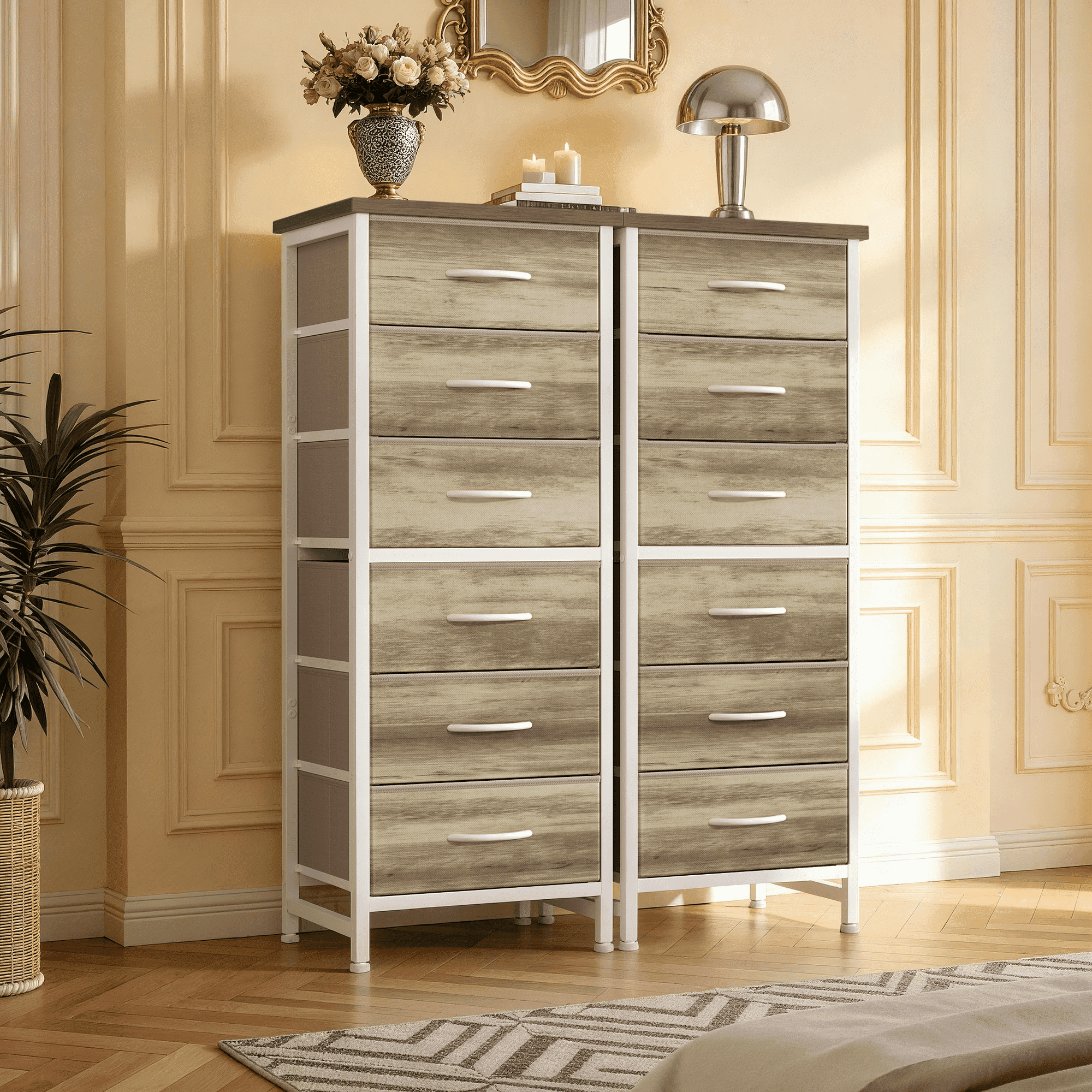 CONCETTA Tall Storage Dresser with 6 Fabric Drawers, Metal Frame with Cross Support Rods, Anti-Tip, Wood Top for Bedrooms, Offices and Compact Spaces, Oak