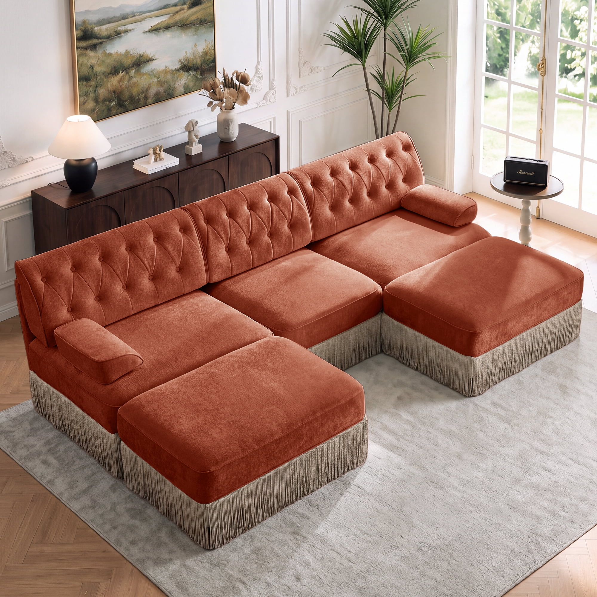 106" Chesterfield 3 Seater U-Shaped Modular Sectional Sofa Set with 2 Ottoman and Tassel Skirt, Easy to Assemble