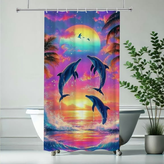 RKSupls Waterproof Shower Curtain, Tropical Dolphin Sunset Polyester Shower Curtain with Hooks for Elegant Chic Home Bathtub Bathroom Decor Washable