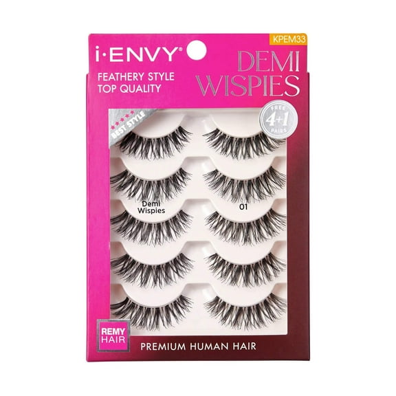 i-ENVY 5 Pairs Demi Wispies False Lashes Multi Pack Natural Look Premium 100% Human Hair Fluffy Eyelashes, Volume & Curl, Lightweight, Comfortable, Reusable