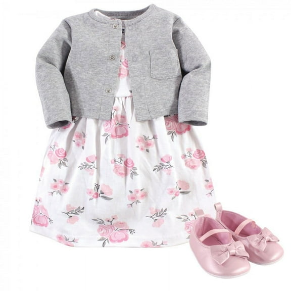 Hudson Baby Infant Girl Cotton Dress, Cardigan and Shoe 3pc Set, Pink Gray Floral, 0-3 Months