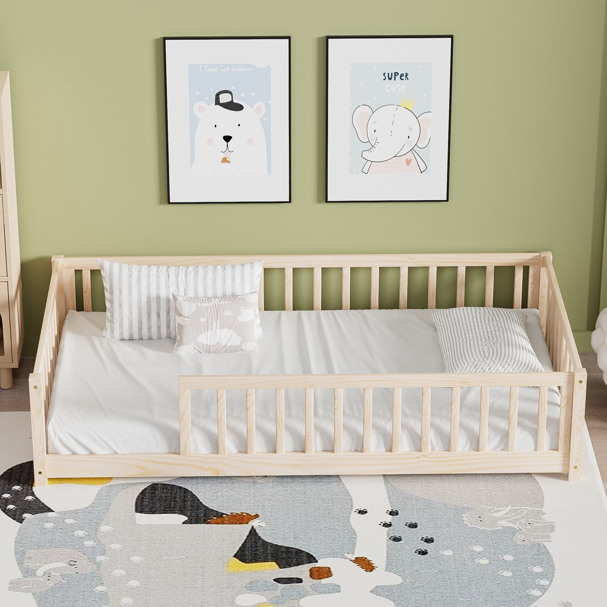 ARCTICSCORPION Montessori Kids Twin Size Modern Pinewood Floor bed with Fence, Natural