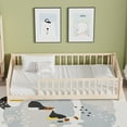 thumbnail image 2 of Twin Size Floor Bed for Kids, Wood Twin Montessori Bed Frame with Fence Guardrails and & Support Slats, Twin Playhouse Bed without Door, Kids Fence Bed Playpen Bed for Boys ,Girls, Natural, 2 of 7