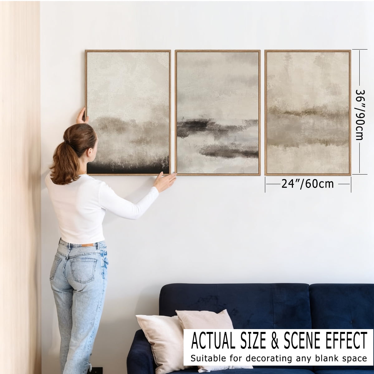 Large Abstract Canvas Wall Art Minimalist Watercolor Wall Decor Modern Neutral Framed Art Painting Set of 3 for Living Room Bedroom Dining Room Office 24"x36".