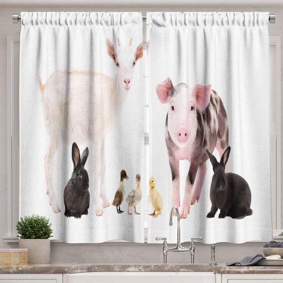 Ambesonne Farm Animal Kitchen Curtains, Ducks Pig Goat Bunnies, 55"x39", Multicolor