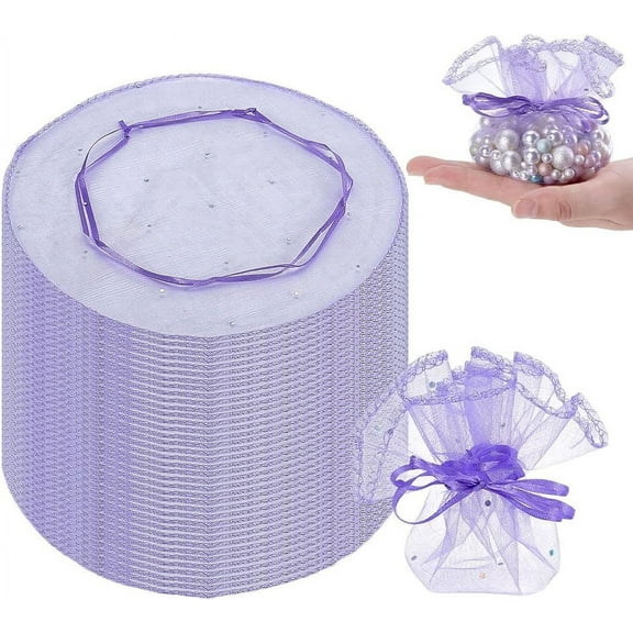 100 Pcs Round Drawstring Organza Bags 10.3inch Diameter With Sequins for Wedding Christmas Birthday Party - Purple