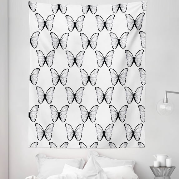 Spring Tapestry, Madam Butterfly Wings Victorian Feminine Mother Earth Freedom Design, Fabric Wall Hanging Decor for Bedroom Living Room Dorm, 5 Sizes, White and Black, by Ambesonne