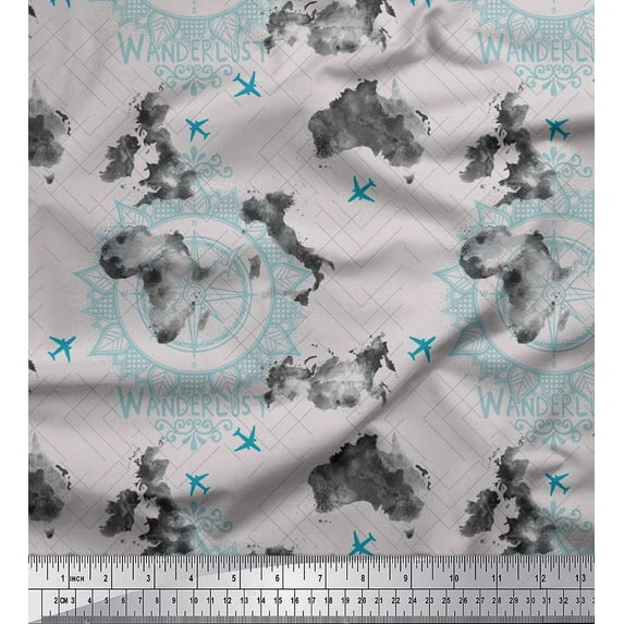 Soimoi Gray Georgette Viscose Fabric Wanderlust & Aeroplane Travel Decor Fabric Printed Yard 42 Inch Wide