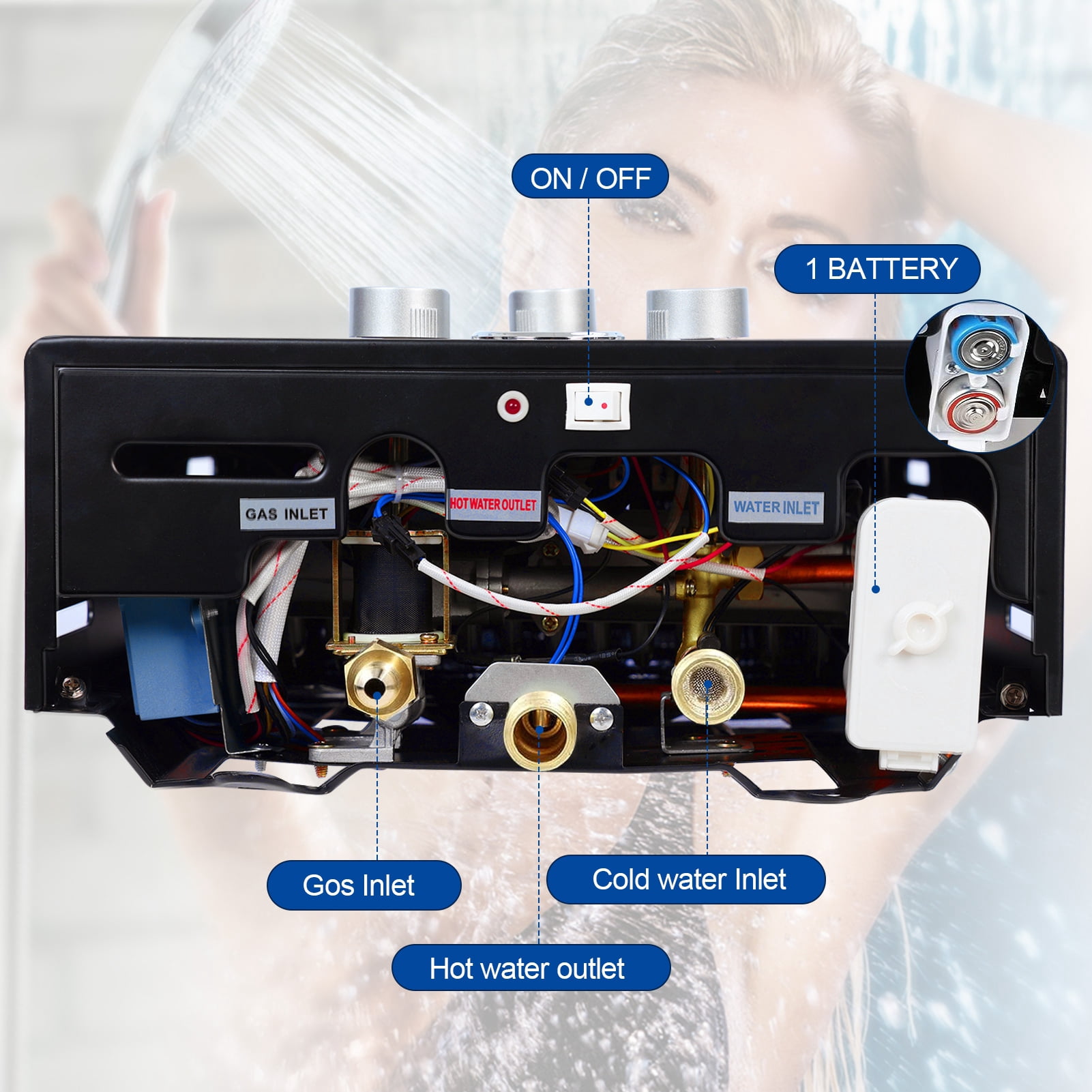 JNXYL Natural Gas Tankless Water Heater, Indoor Max 4.21GPM 16L Instant Hot Water Heater