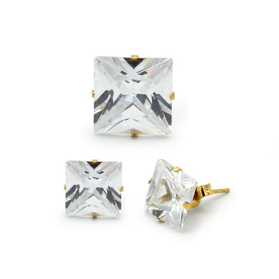 BEBERLINI Men Stud Earrings CZ 14K Gold Plated Stainless Steel Jewelry Square 10 mm