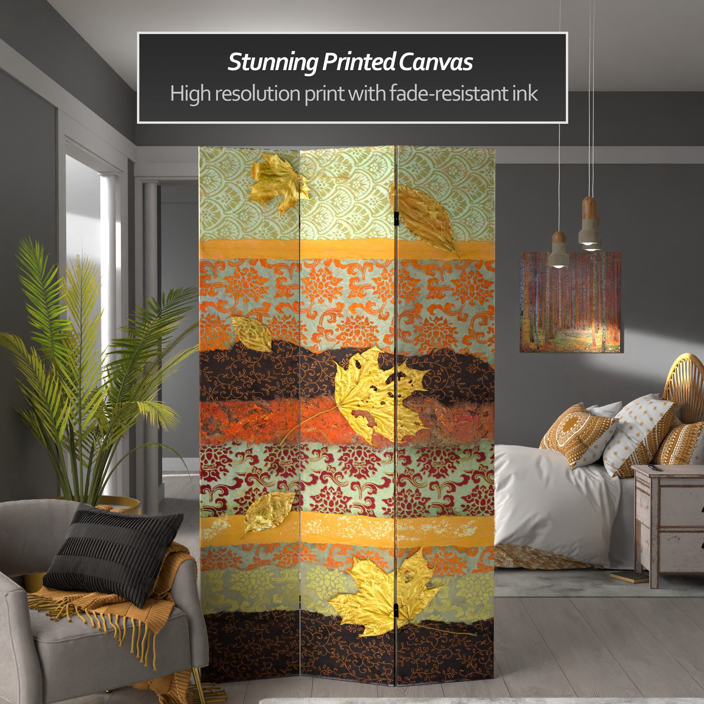 7 ft. Tall Double Sided October Gold Canvas Print Floor Screen Room Divider
