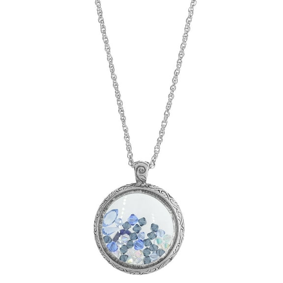 1928 Jewelry Pewter Round Glass With Blue Crystal Beads Pendant Necklace For Women 30"