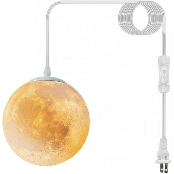 Plug-in Moon Pendant Light, Hanging Lamp with Switch & Cord, 3-Color Dimmable LED Ceiling Lamp for Kids’ Bedroom or Nursery, White Lunar Night Light (Warm,Neutral,White,LED Bulb Included)