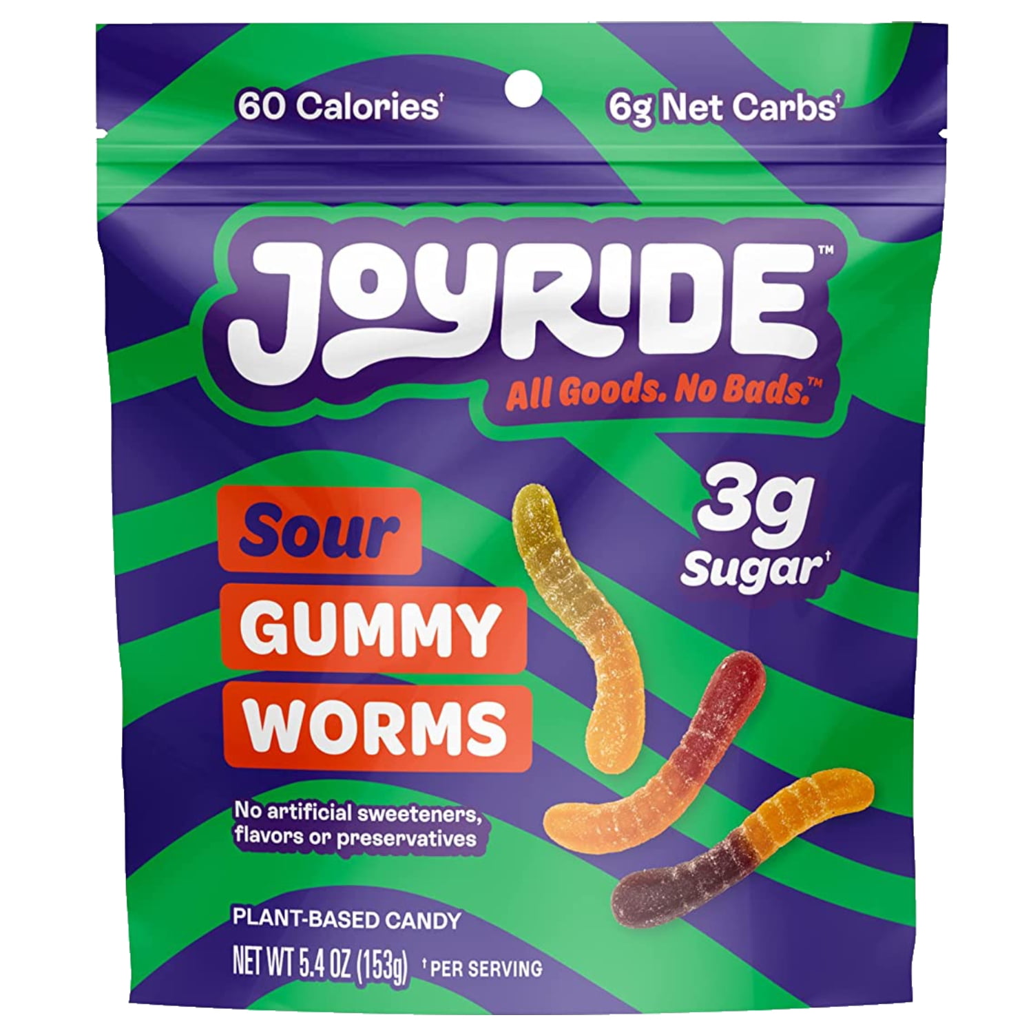 Joyride Sour Gummy Worms, Low Calorie Vegan Candy, 5.4oz, Pack of 1