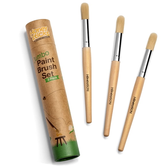 Honeysticks Jumbo Paint Brush Set - 3 Pack. Jumbo Paint Brushes for Kids with a Large Wood Handle for Easy Grip. Perfect for Toddler and Preschool Painting. Handy Storage Container. Vegan.