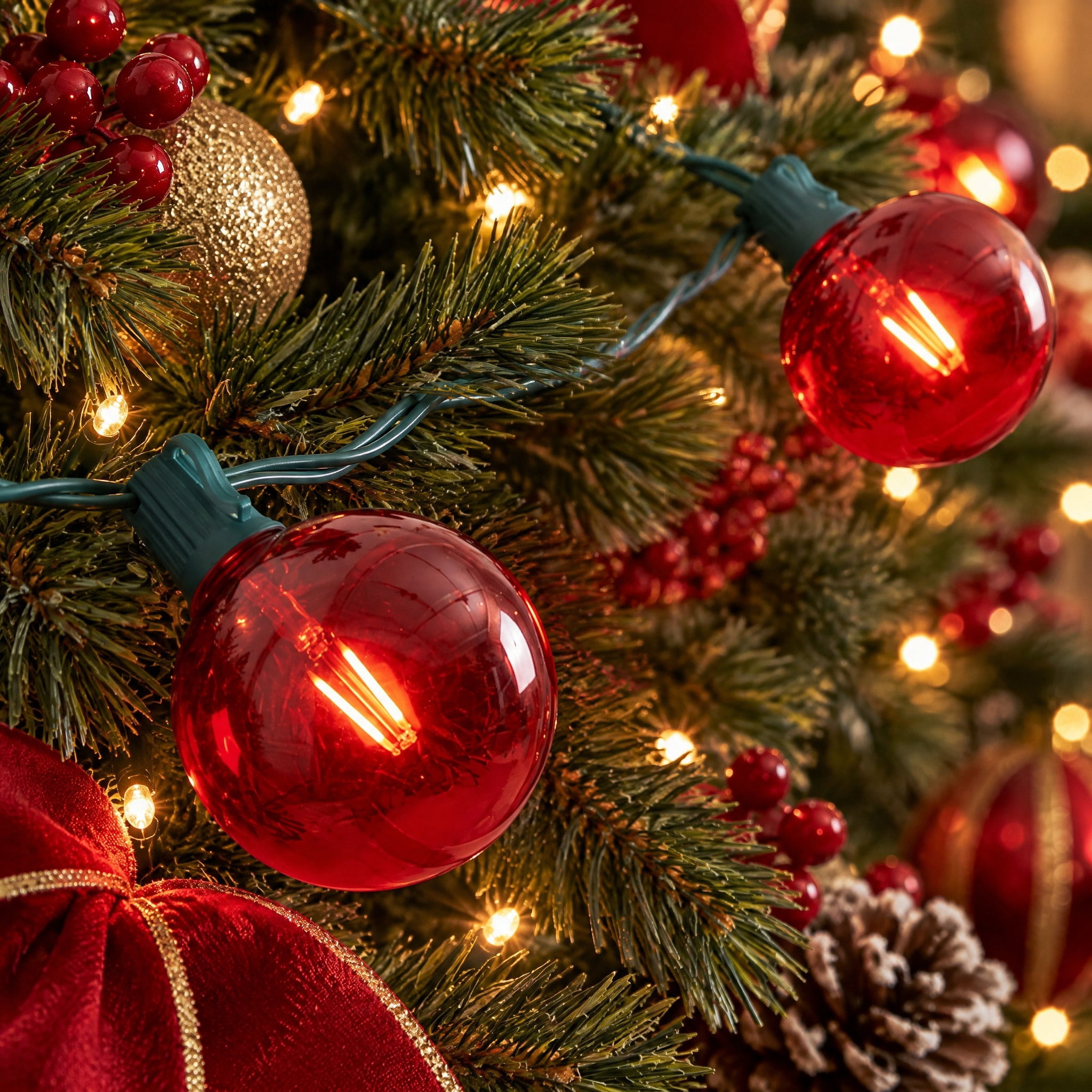 Indoor/Outdoor 100-Count LED Super Bright G30 Christmas String Lights, Red, Green Wire, 57', by Holiday Time